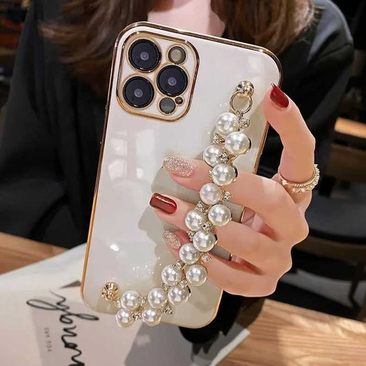 Gold Luxury Case with Pearl Chain for iPhone
